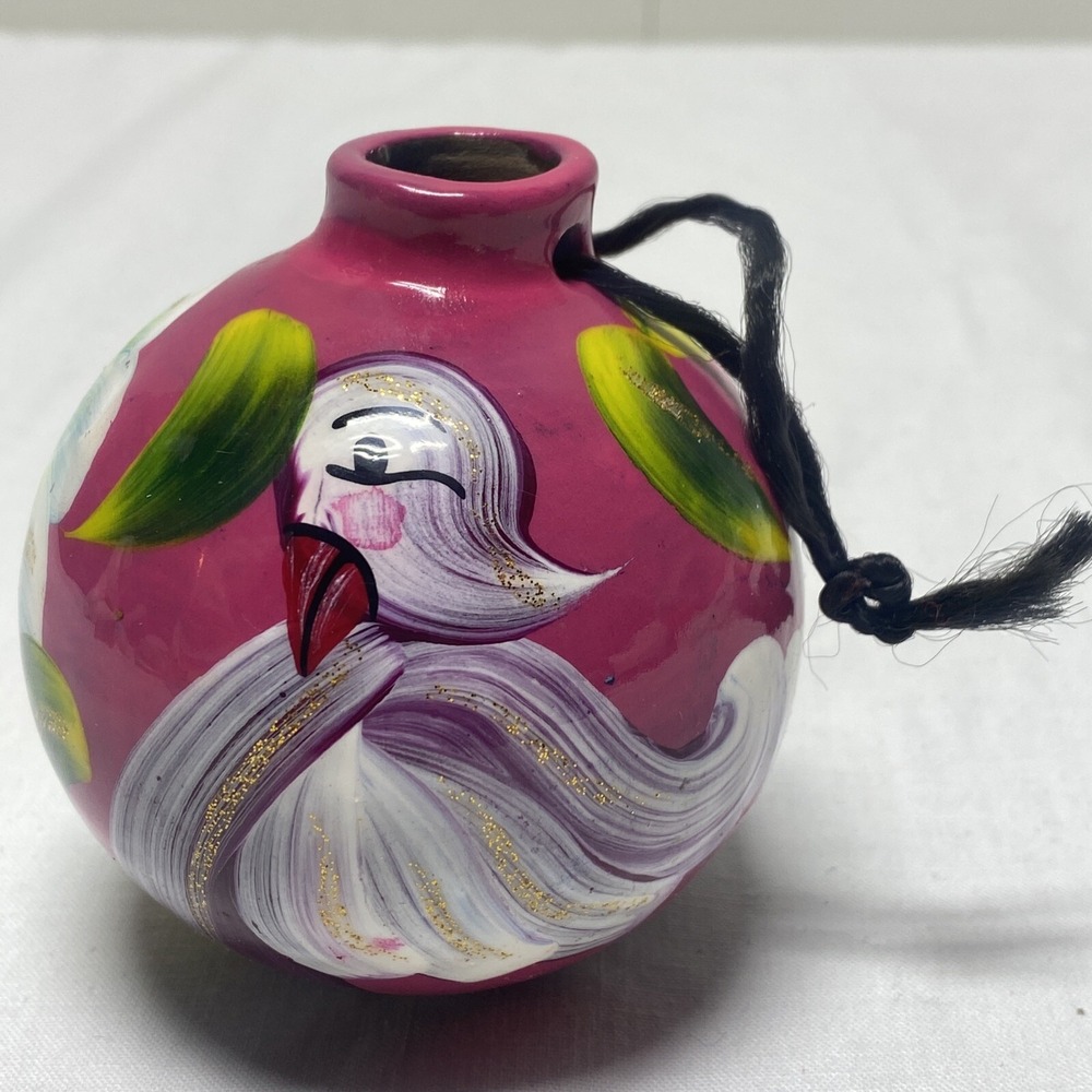Mexican Pottery Christmas Ornament Hand painted Signed Mexico 3" round ball pink